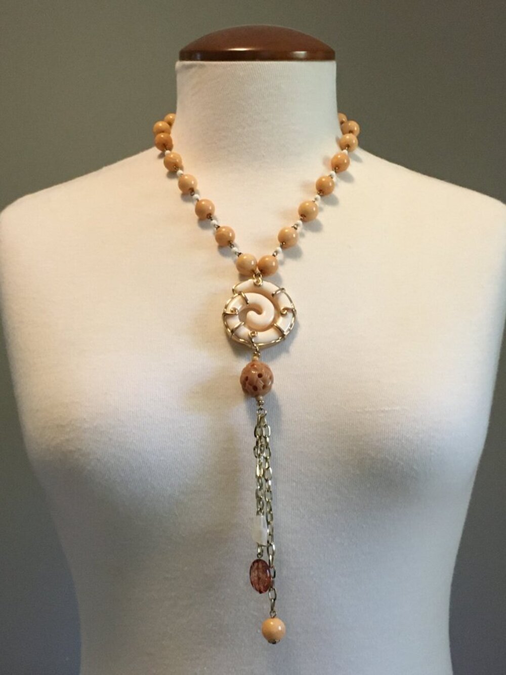 Bijoux Terner Signed Boho Necklace Spiral Pendant Chinese Puzzle Bead Tassels